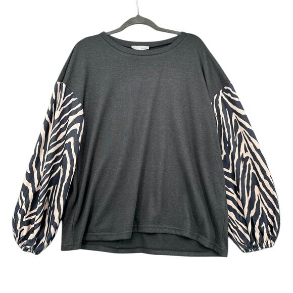 LUUKSE Grey & White‎ Long Sleeves Zebra Print Relaxed Fit Crewneck Sweatshirt 1X - Picture 1 of 6